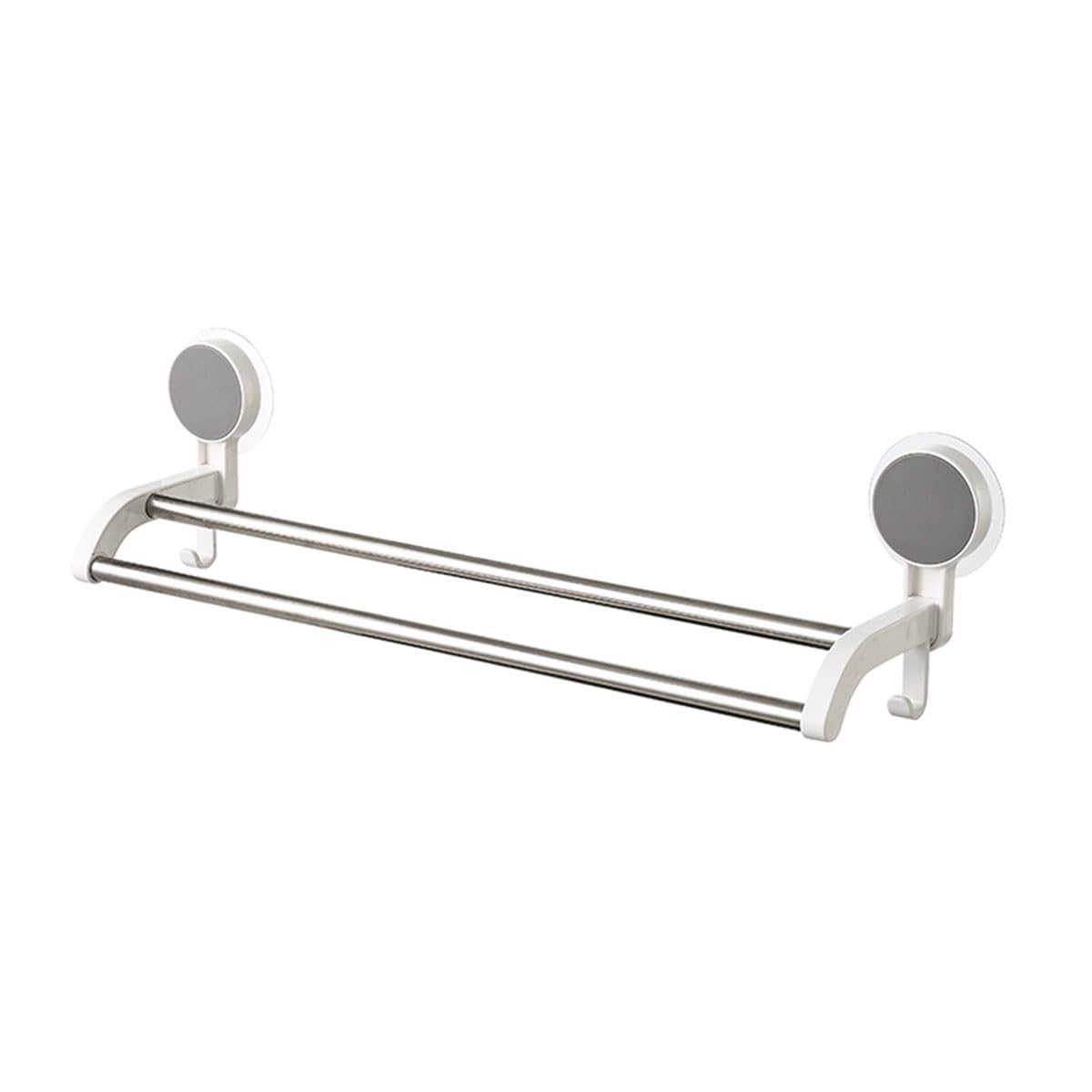 Cetomo Wall Mounted Double-Bar Towel Rack with 2 Hooks for Shower Pouf Cleaning Cloth Brush Scoop Kitchen Bathroom, Plastic Frame Iron Rod No Drill Adhesive, White